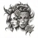 A split design featuring two halves of a face—one masculine and one feminine—joined seamlessly together. tattoo design idea