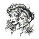 A split design featuring two halves of a face—one masculine and one feminine—joined seamlessly together. tattoo design idea