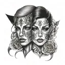 A split design featuring two halves of a face—one masculine and one feminine—joined seamlessly together. tattoo design idea