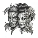 A split design featuring two halves of a face—one masculine and one feminine—joined seamlessly together. tattoo design idea