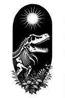 full spinosaurus skeleton with small vine like plants scattered bahind it and circle sun rays behind its head tattoo design idea