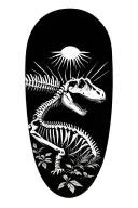 full spinosaurus skeleton with small vine like plants scattered bahind it and circle sun rays behind its head tattoo design idea