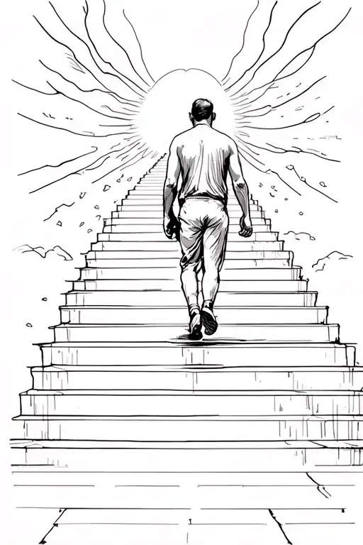 man walking up stairs going into heaven tattoo design idea
