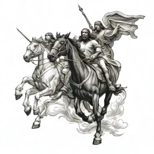 Jesus and angels on horses fighting demons tattoo design idea