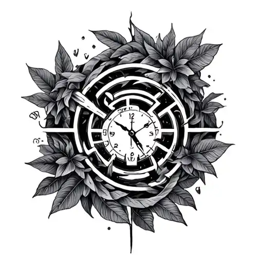 labyrinth, jungle leaves, time tattoo design idea