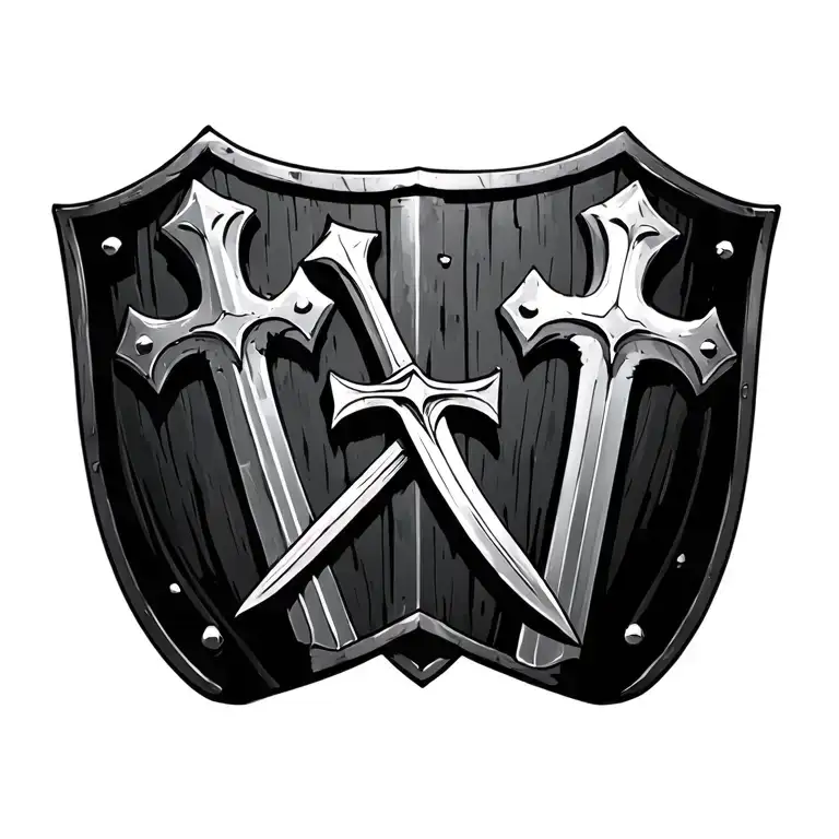 christian crusader crosses on top of a knights shield with a sword  tattoo design idea