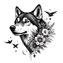 Half a wolfs head incorporated with birds stars, moon and wild flowers for a thigh tattoo. Make it feminine  tattoo design idea
