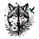 Half a wolfs head incorporated with birds stars, moon and wild flowers for a thigh tattoo. Make it feminine  tattoo design idea