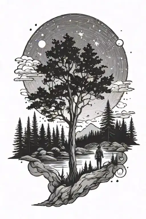 A man standing  in a forest, staring at the night sky, with the Milky Way galaxy in clear view tattoo design idea