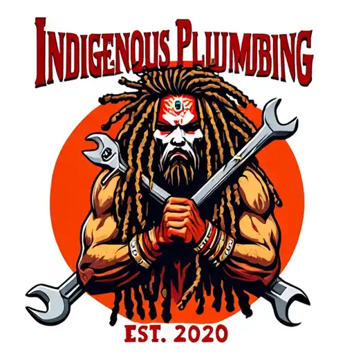 "Indigenous Plumbing Est. 2020" "Indigenous Plumbing Est. 2020" dreadlock face war painted Native American warrior holding wrench crossed tattoo design idea