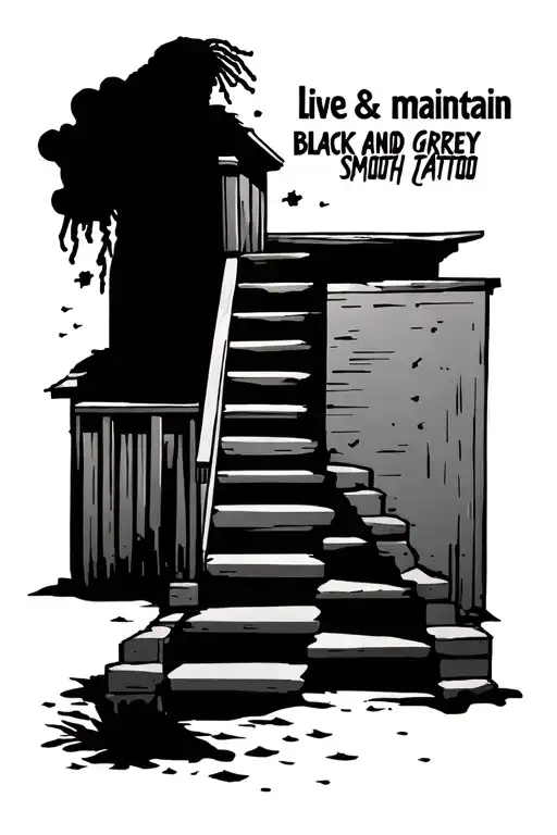 Staircase to a broke down house with a shadow figure with dreads with clouds around with words saying "live & maintain tattoo design idea
