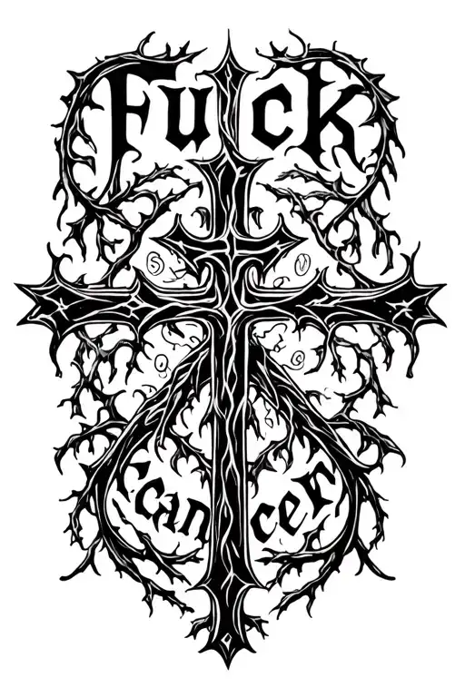 fuck cancer words written with cross intertwined vines tattoo design idea