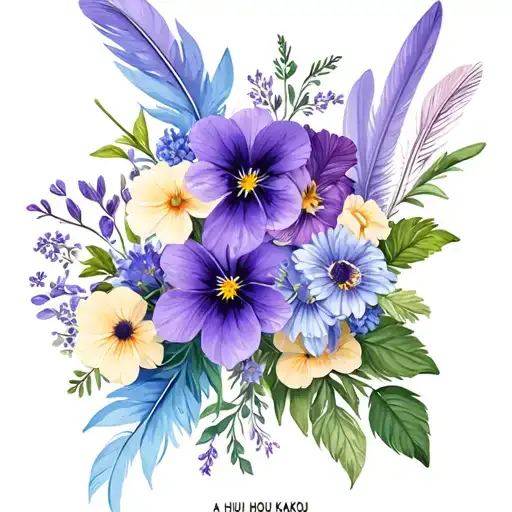 "A HUI HOU KAKOU" violets, primrose, asters and cally lillies flower bouquet with light blue, lavender and cream boho feathers  tattoo design idea