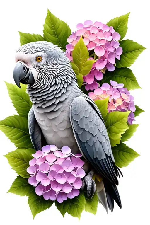 African Grey Parrot infront of hydrangea flowers blooming tattoo design idea