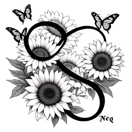 Infinity sign with sunflowers and butterflies and name Neq showing love tattoo design idea