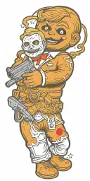 gingerbread man with jason mask with trump holding gun tattoo design idea