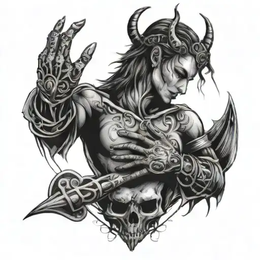 A couples tattoo design feauting a heart with her feminine demon hands bound bdsm style and again with his hands binding tattoo design idea