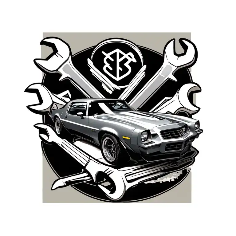 1978 camaro with wrenches behind tattoo design idea