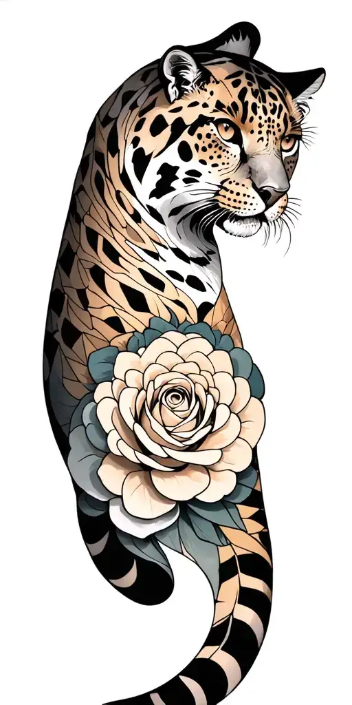 clouded leopard rosette pattern sleeve tattoo with shading to appear like it is floating above a geometric pattern tattoo design idea