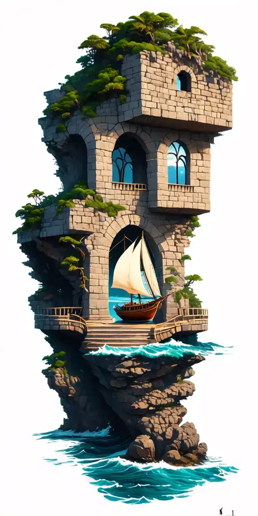 ancient stone wall built into cliff side with arch windows and walk ways overlooking the ocean with sailboat mermaid  tattoo design idea