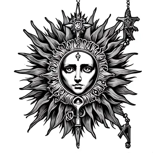 good vs evil sun rays rosary beads chest tattoo tattoo design idea