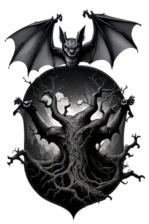 poison tree bats flying tattoo design idea