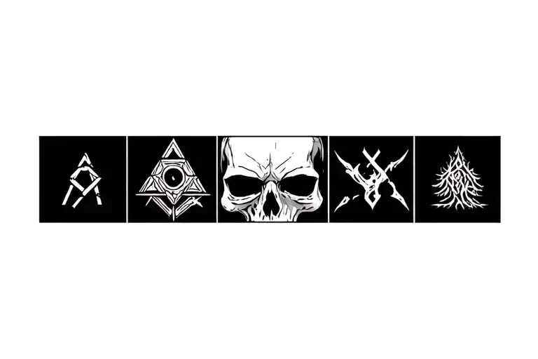 Valknut,Vegvisir,Aegishjalmur, Yggdrasil,4 parts combined with runes,background skull tattoo design idea