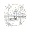 rowing boat surrounded by minimal trees. with no people. tattoo design idea
