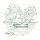 rowing boat surrounded by minimal trees. with no people. tattoo design idea