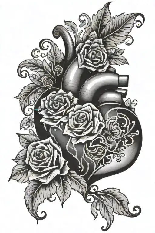 large black love heart with flower surrounded tattoo design idea