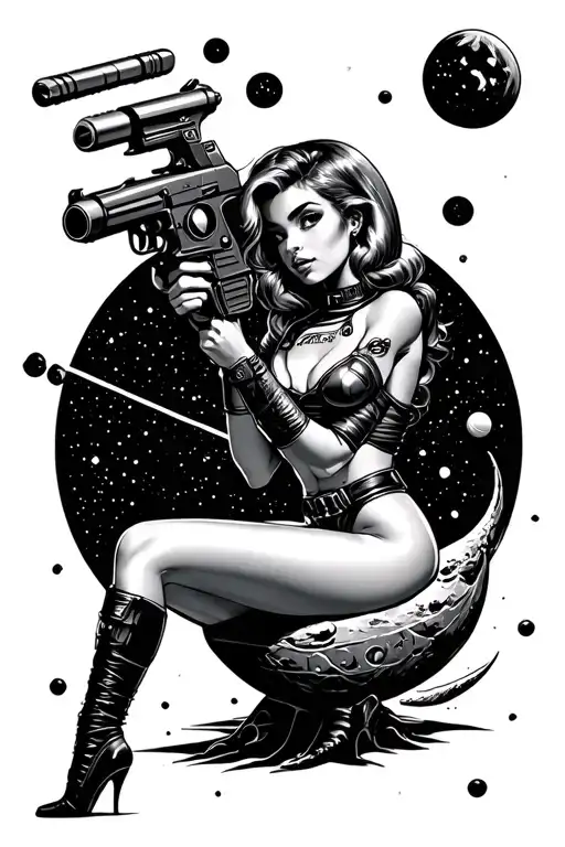 pinup space girl sitting on the moon holding ray gun  tattoo design idea