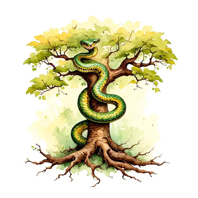 snake climbing tree with a rise vine wrapped around the trunk and roots reaching deep tattoo design idea