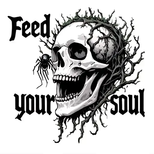"Feed your soul" old worn skull with vines and moss on it, spider crawling out of open jaw, soul rolling backwards up out of eyesockets tattoo design idea