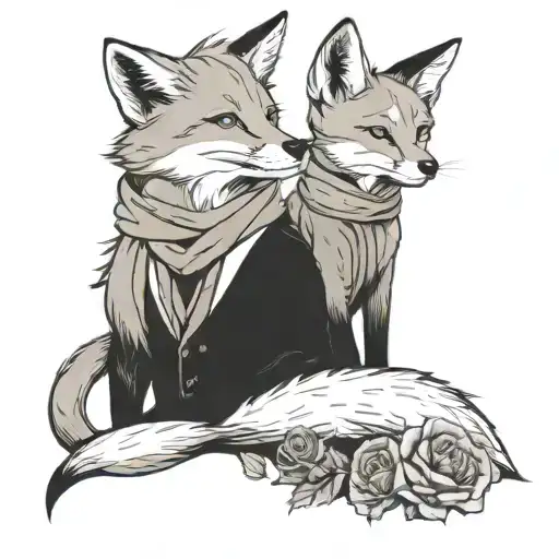 the little prince together with a rose and a fox, side by side looking at the galaxy tattoo design idea