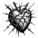 broken heart sewn back together by barbed wire that's being stabbed by two icicle daggers tattoo design idea
