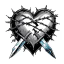 broken heart sewn back together by barbed wire that's being stabbed by two icicle daggers tattoo design idea