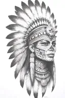 aztec warrior girl, skeletal fierce face, crown skull, geometric patterns feathers, spirituality, afterlife, death tattoo design idea
