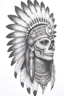 aztec warrior girl, skeletal fierce face, crown skull, geometric patterns feathers, spirituality, afterlife, death tattoo design idea