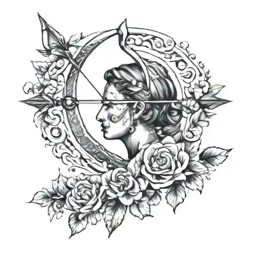 small Artemis tattoo with bow and arrow and a Roman numeral one underneath  tattoo design idea