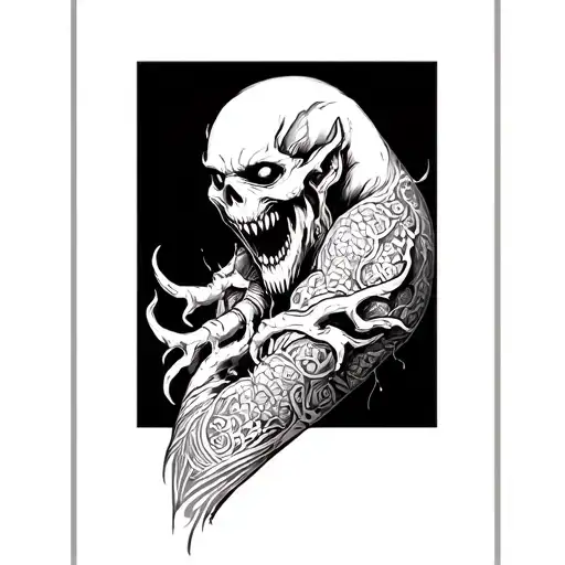 you need to draw a tattoo sketch of a sleeve from the shoulder to the wrist in the b&w horror style, you need to draw demons and closer to the cyst tattoo design idea