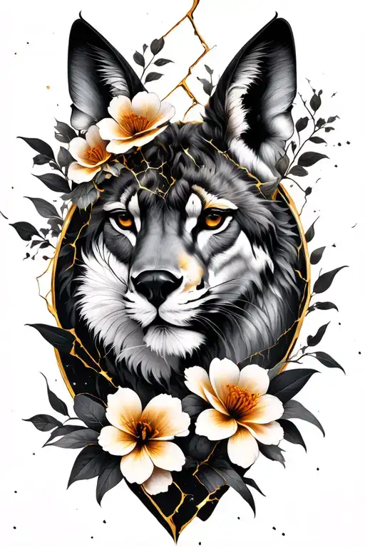 kintsugi style tattoo with flowers animals and gold cracks tattoo design idea