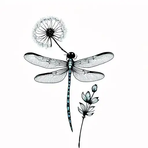 Dragonfly Dandelion flower and seed tattoo design idea