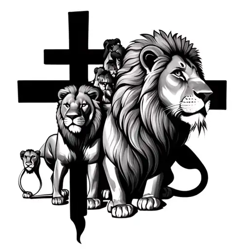 cross with 2 female lions and 4 male lions tattoo design idea
