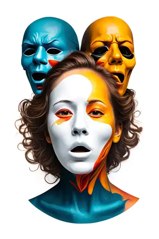 A person with a blank face, surrounded by masks with different emotions (indifference, joy, sadness, anger, surprise),  tattoo design idea