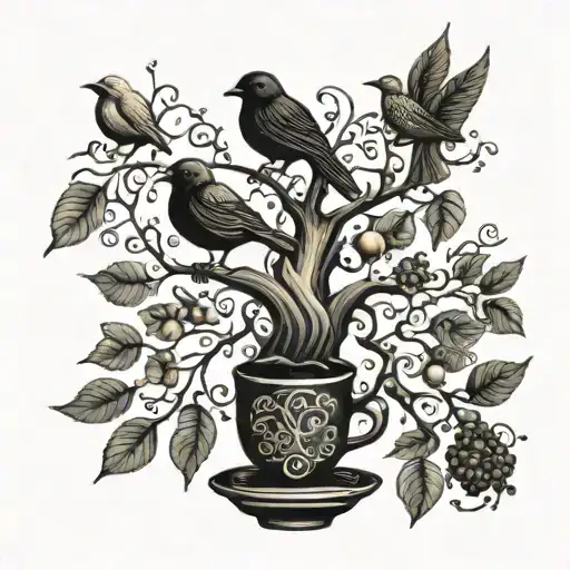 A mystical tree of life with coffee beans as fruits and birds nesting in its branches, inspired by Irish folklore tattoo design idea