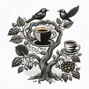 A mystical tree of life with coffee beans as fruits and birds nesting in its branches, inspired by Irish folklore tattoo design idea