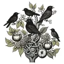 A mystical tree of life with coffee beans as fruits and birds nesting in its branches, inspired by Irish folklore tattoo design idea