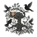 A mystical tree of life with coffee beans as fruits and birds nesting in its branches, inspired by Irish folklore tattoo design idea