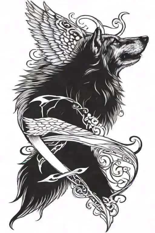 A wolf, cancer ribbon, savior wing tattoo design idea