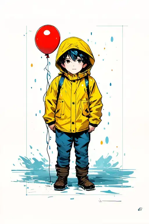 boy with yellow raincoat and red ballon tattoo design idea